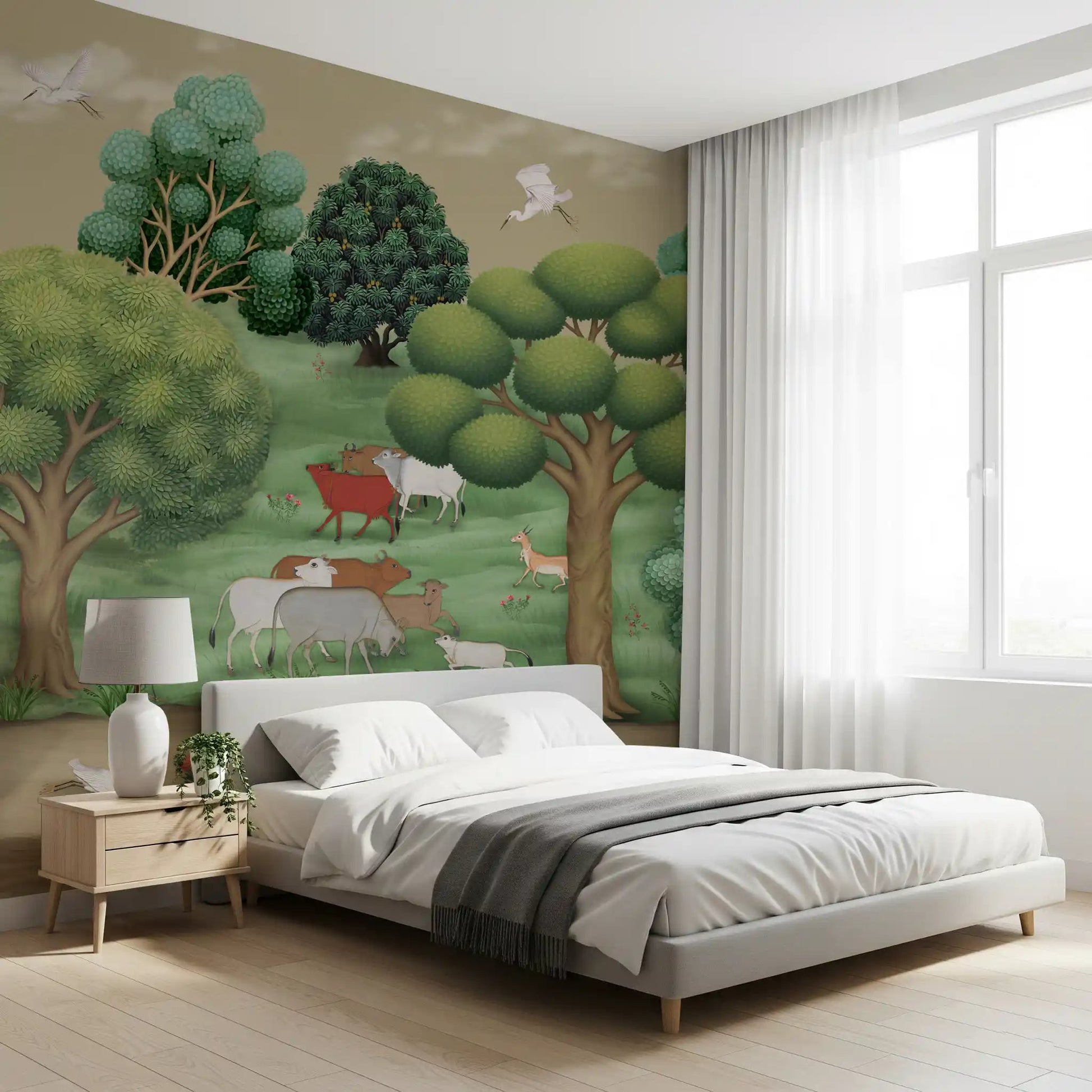 Enhance a bedroom with the scenic Mughal Forest Serenity wall mural.