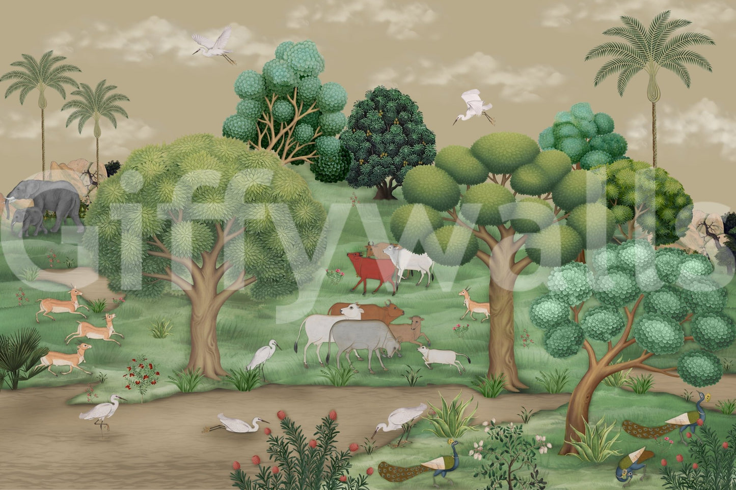 Elephants walk through hills in this nature landscape wall mural.