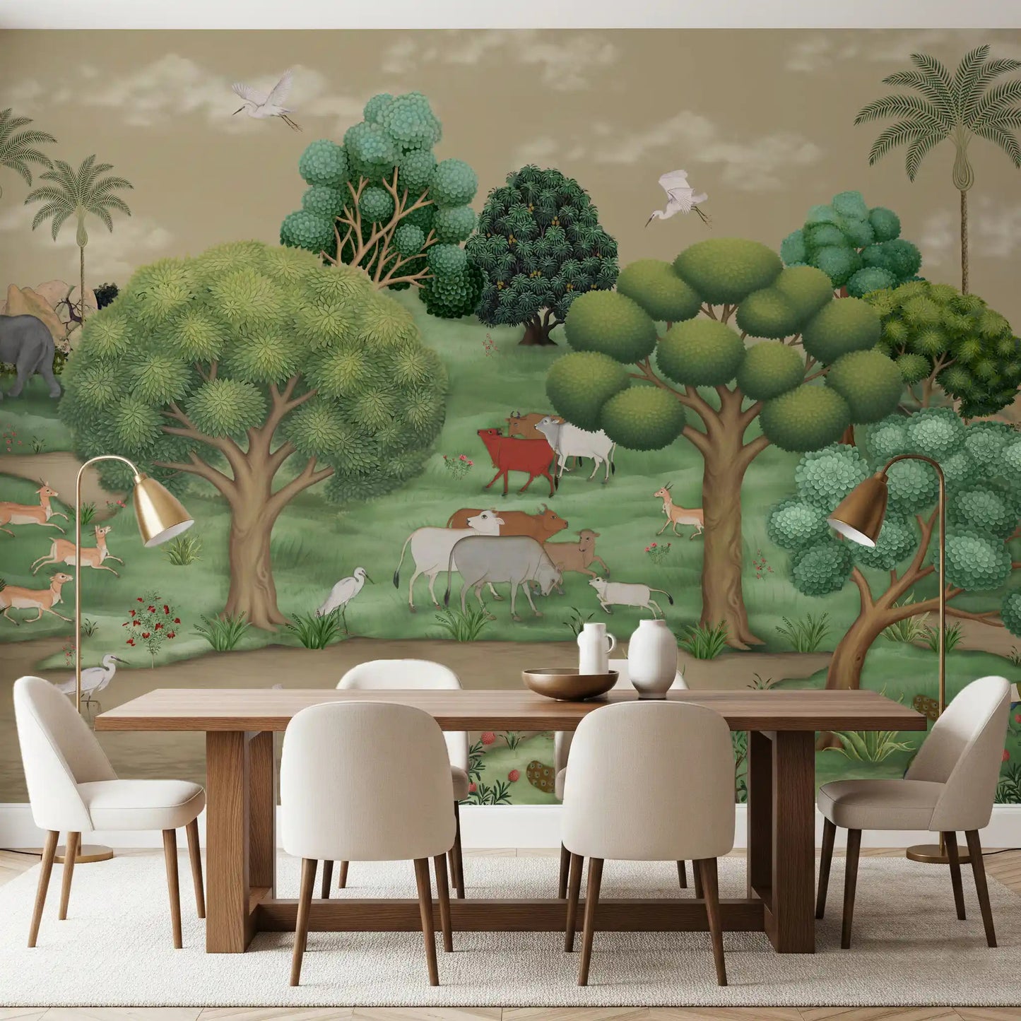 This nature-themed wall mural creates a focal point in a dining room.