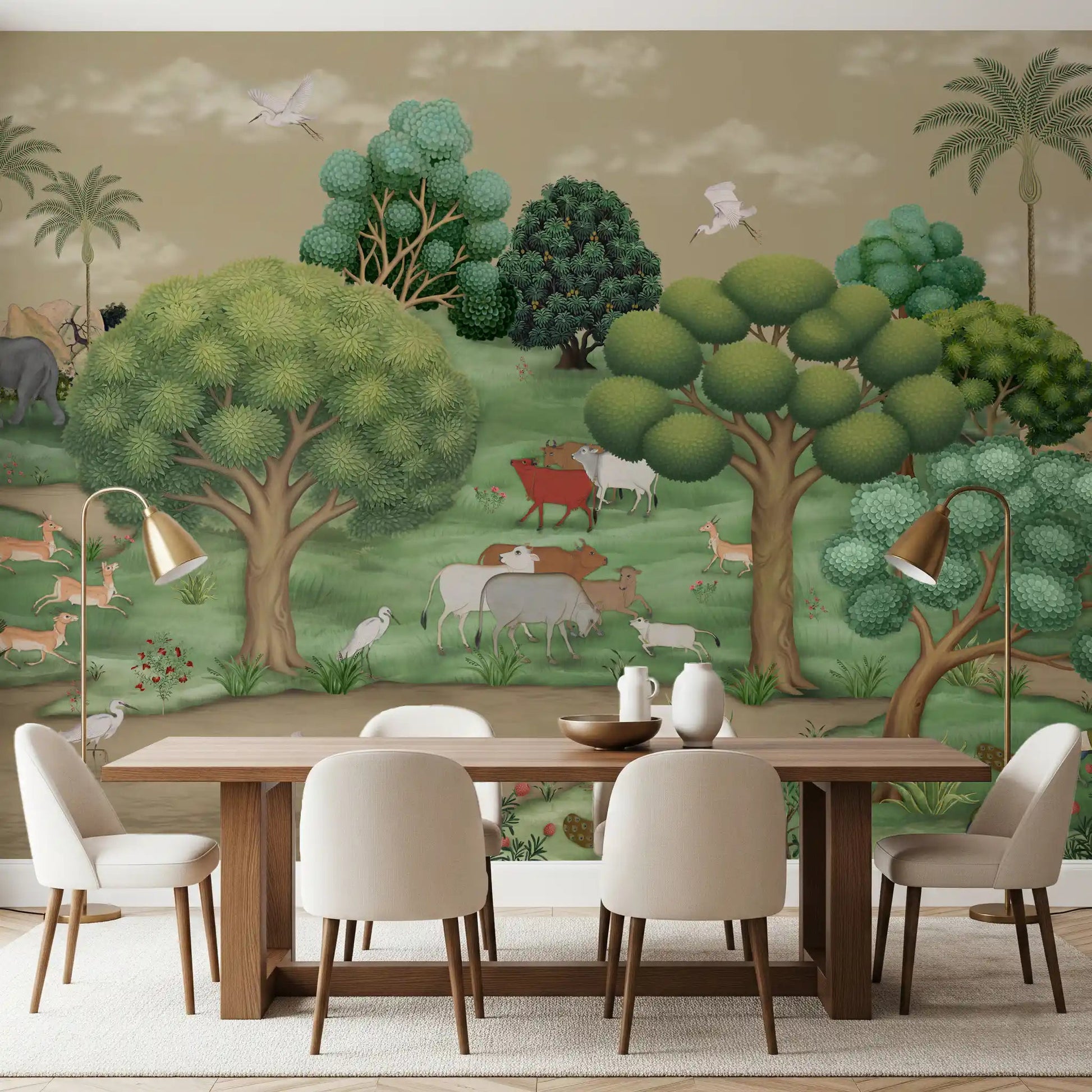 This nature-themed wall mural creates a focal point in a dining room.