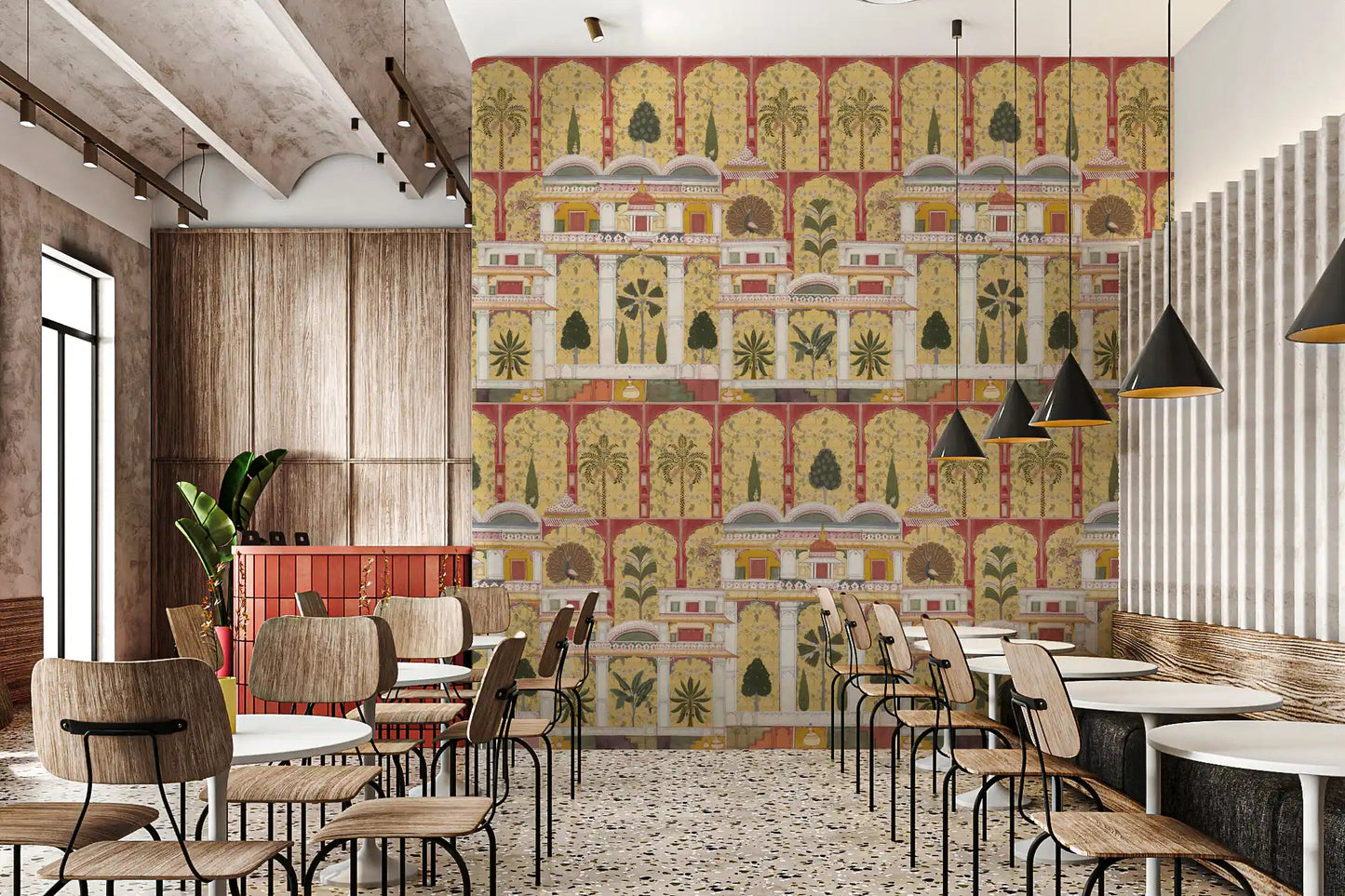 Heritage court wall mural with Mughal arches and layered garden views