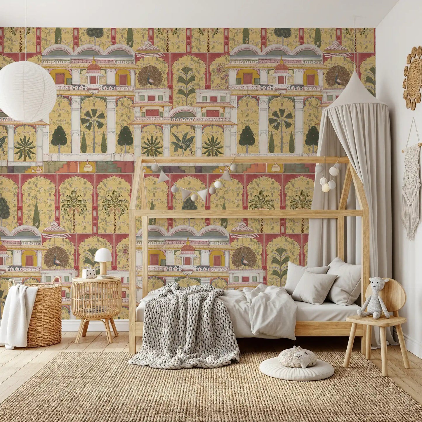 Grandeur Heritage court wall mural set behind a refined bedroom 