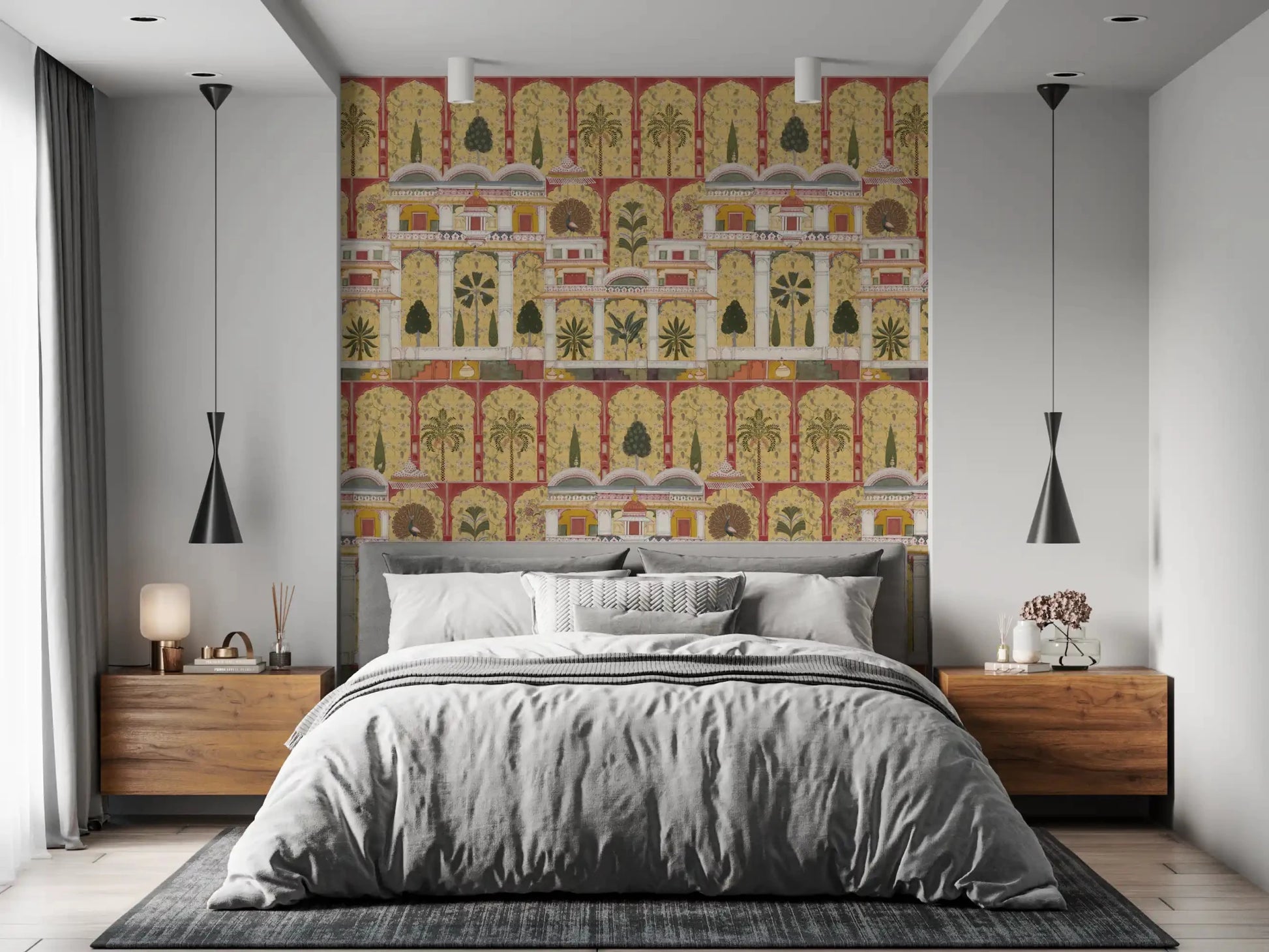 Peacock palace wall mural with floral panels and grand column details