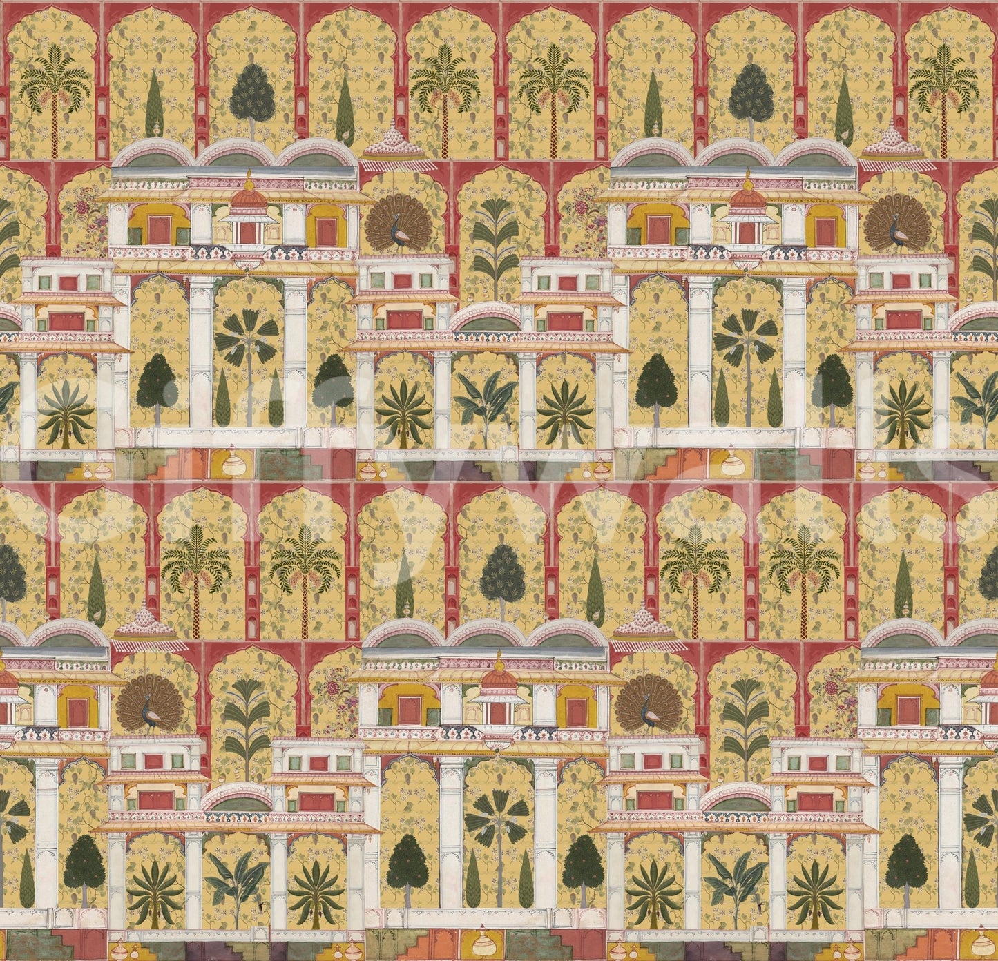 Royal palace garden wall mural with arches, palms, and peacock details