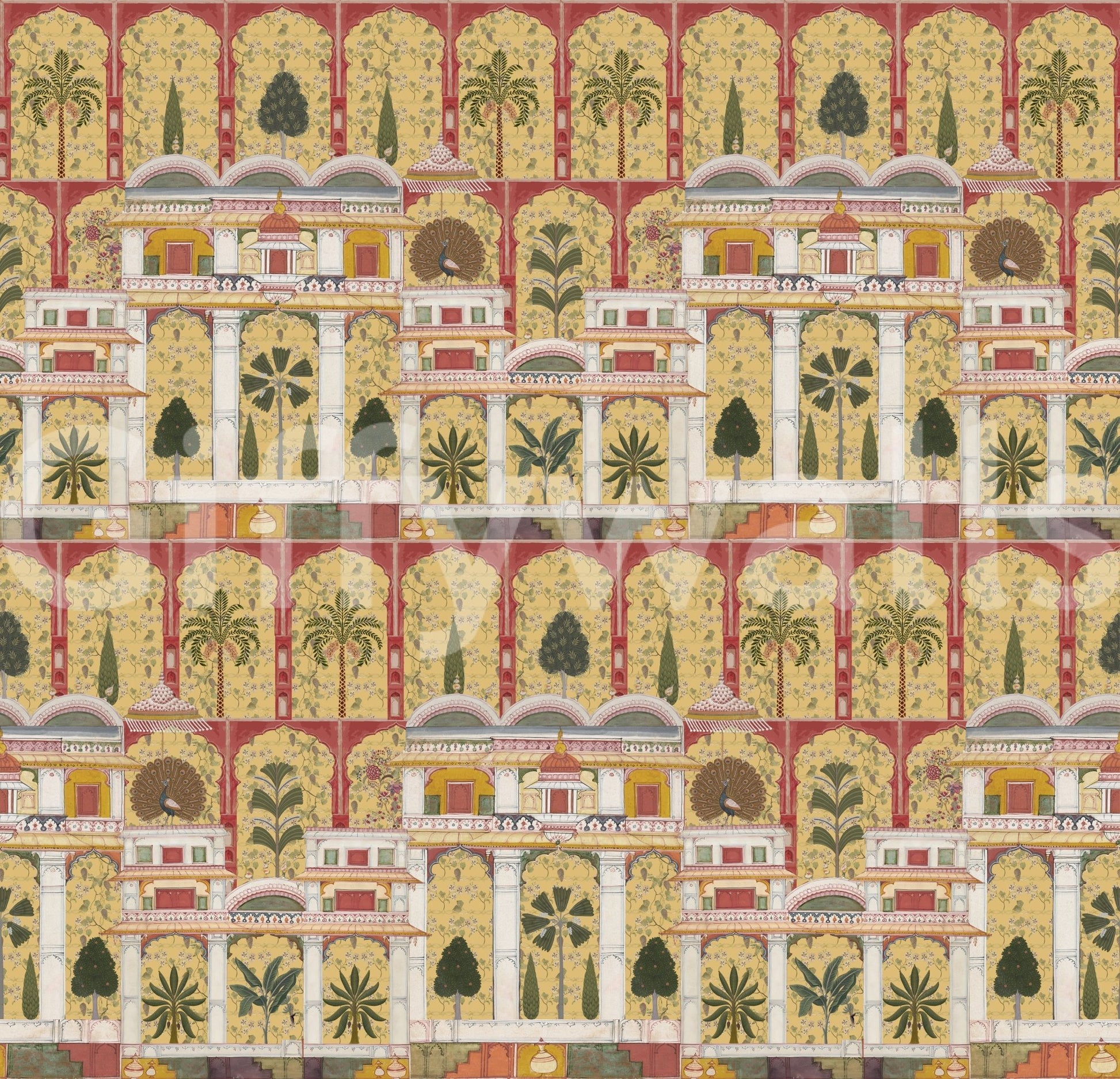 Royal palace garden wall mural with arches, palms, and peacock details