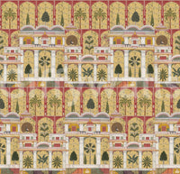 Royal palace garden wall mural with arches, palms, and peacock details