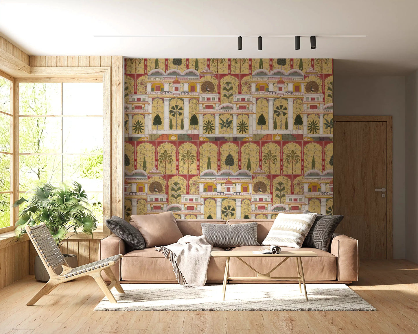 Peacock palace wall mural adding depth to a grand Living room