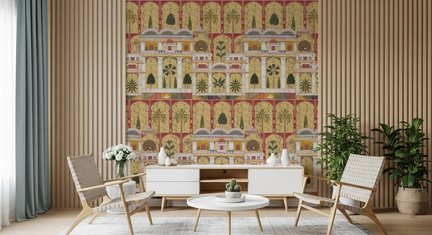 Mughal palace wall mural used along a staircase Living room