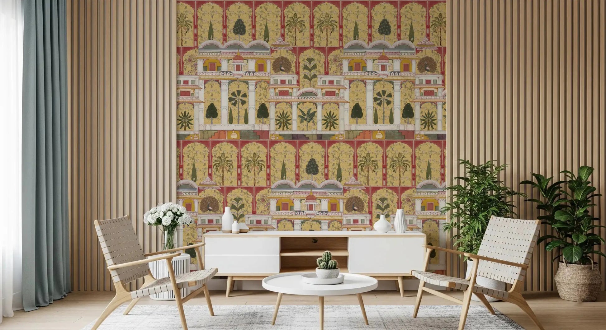 Mughal palace wall mural used along a staircase Living room