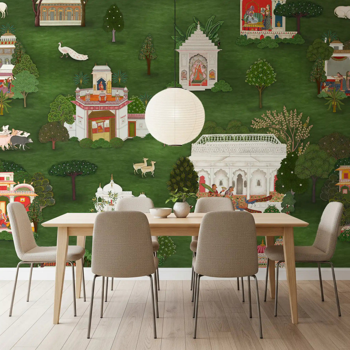 Palace garden wall mural adding depth to a dining area with classic furniture