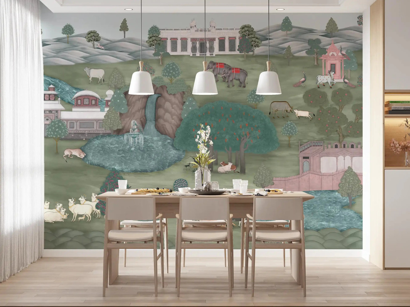 Dining room Mughal Garden & Wildlife Vista wall mural with waterfall