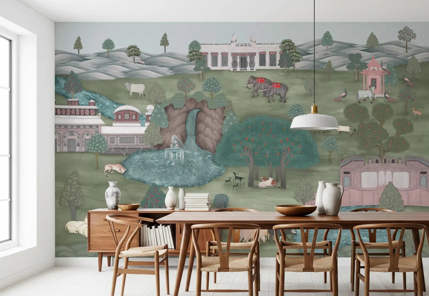 Mughal Garden & Wildlife Vista wall mural in dining room setting