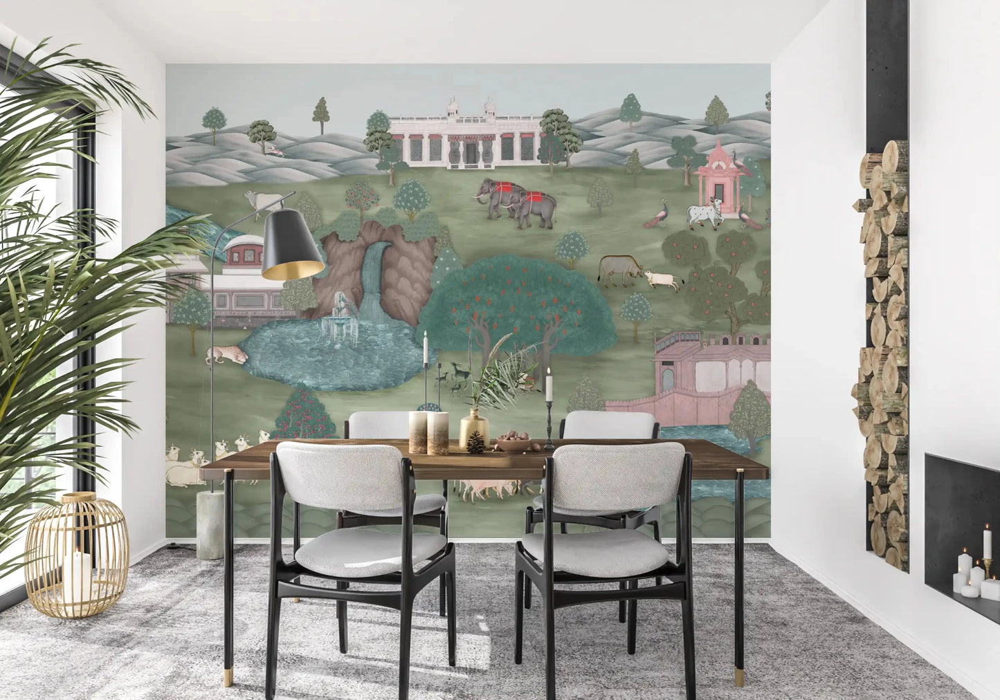 Mughal Garden & Wildlife Vista mural with palace and tree details