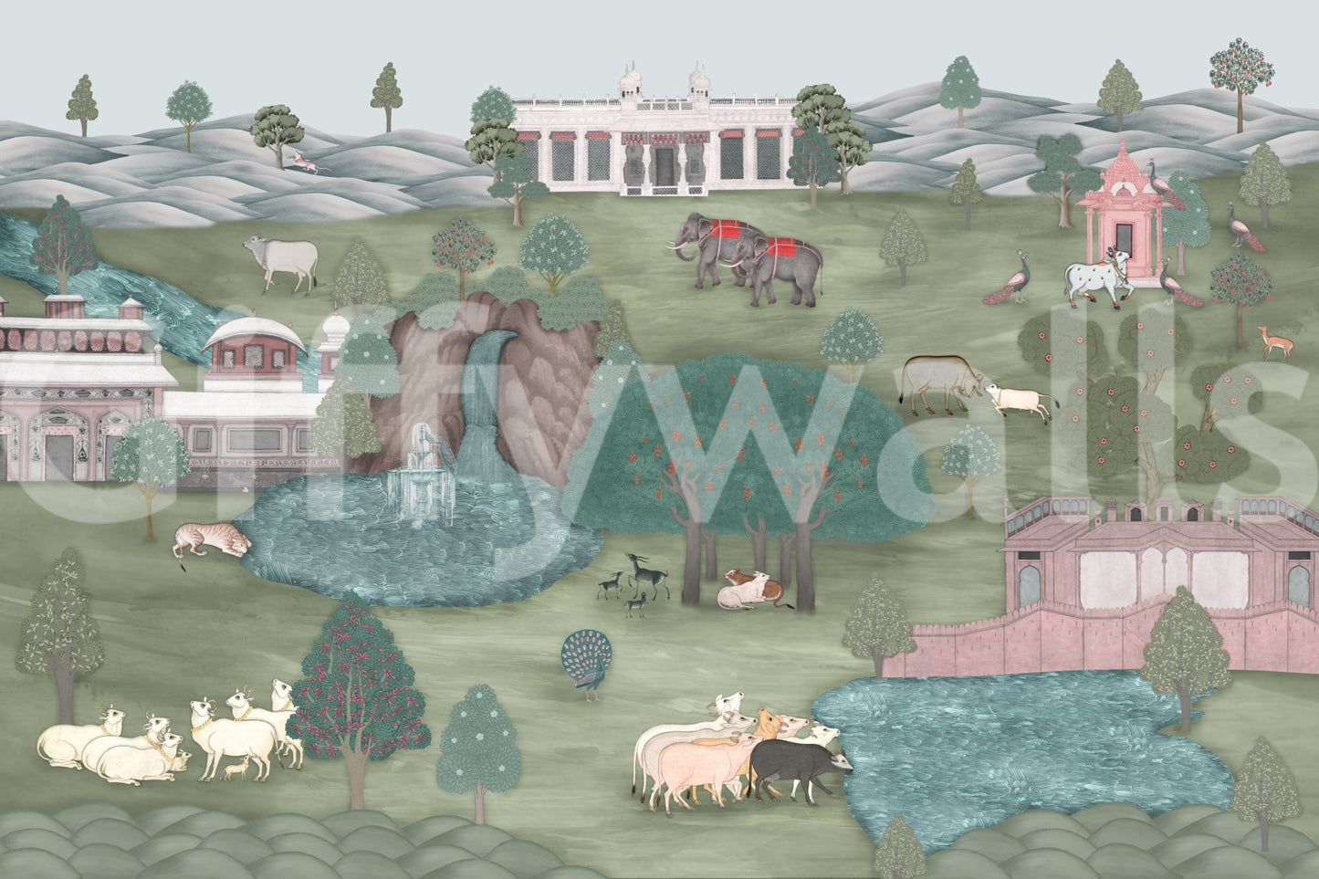 Cultural garden landscape wall mural in soft pastel tones