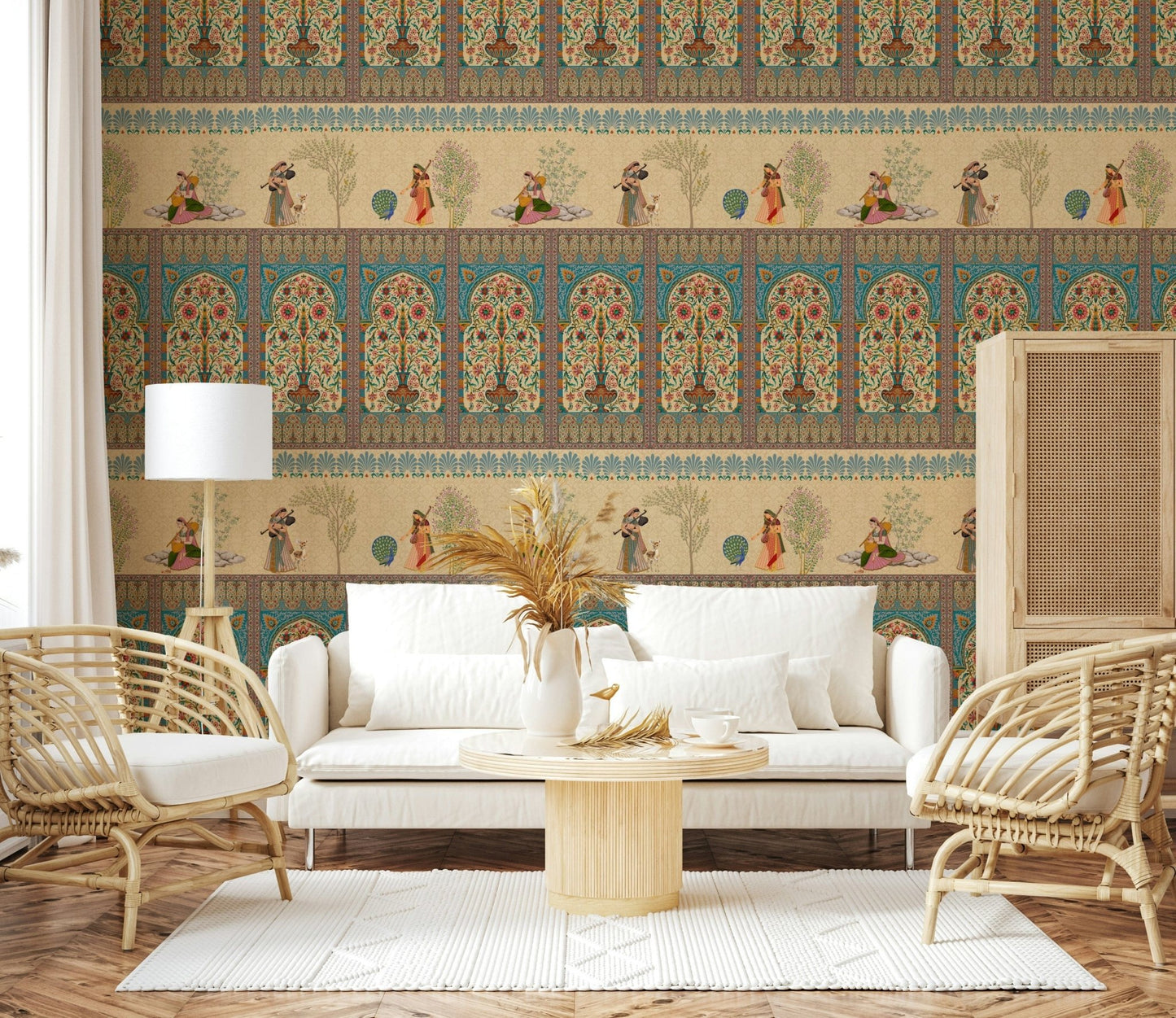 Ornate Mughal pattern wall mural in bedroom, soft beige and rust, headboard feature wall