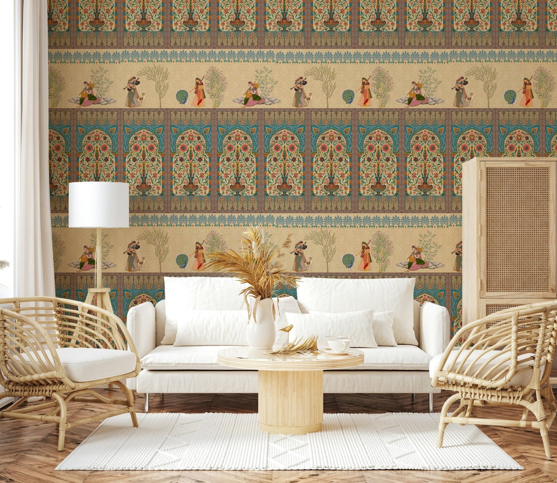 Ornate Mughal pattern wall mural in bedroom, soft beige and rust, headboard feature wall