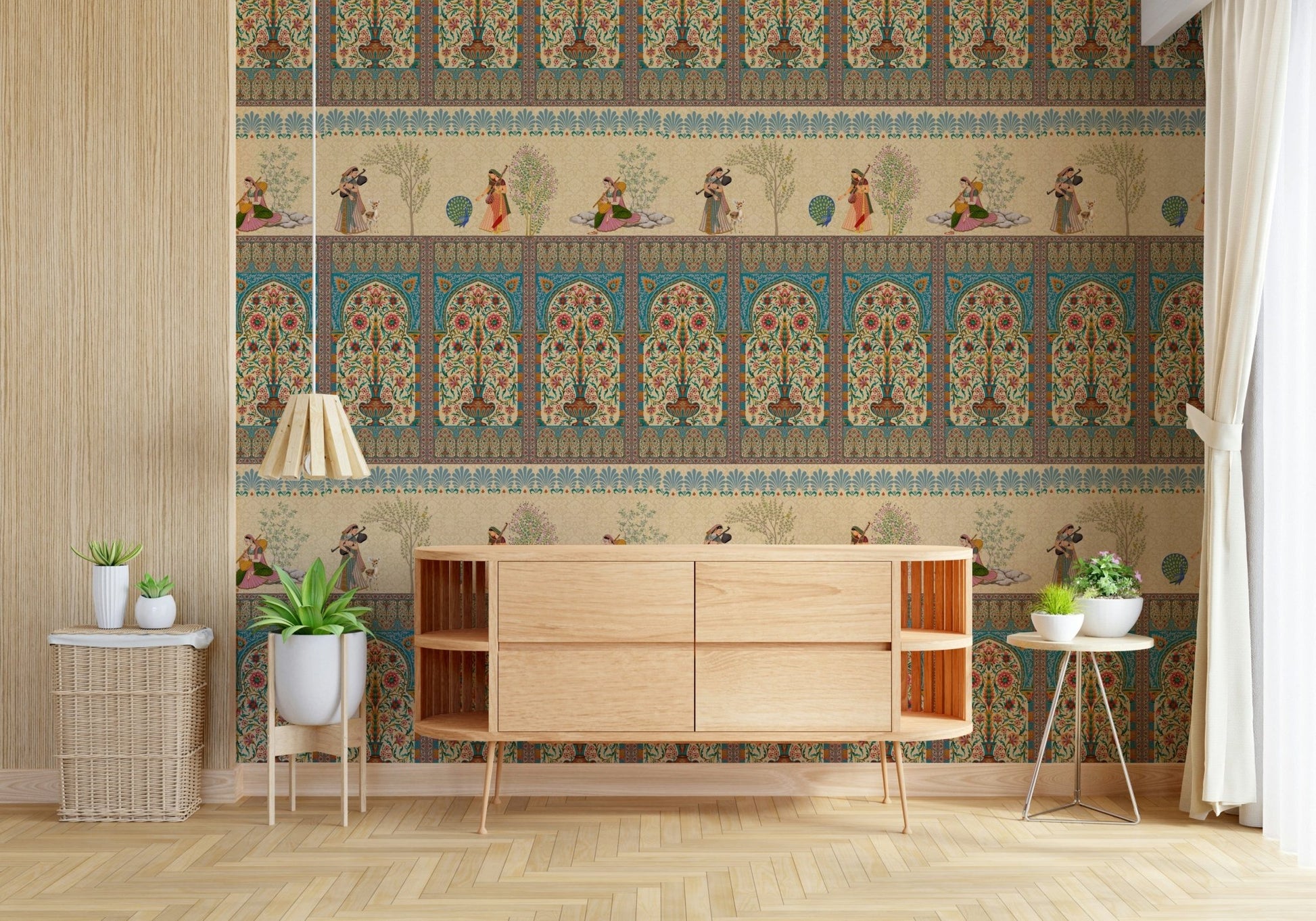 Traditional Indian art-style mural in home office, muted blue and gold, statement wall decor