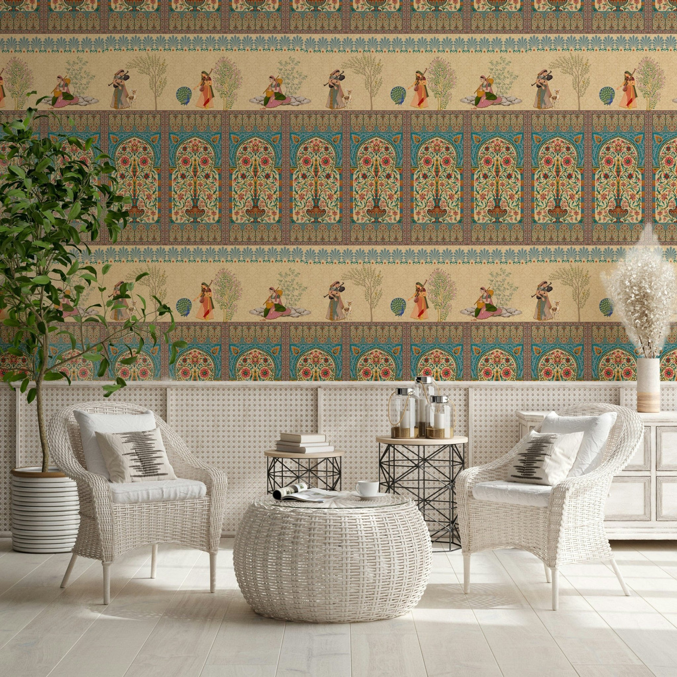 Mughal-inspired mural in modern living room, jewel tones, detailed arches, feature wall decor