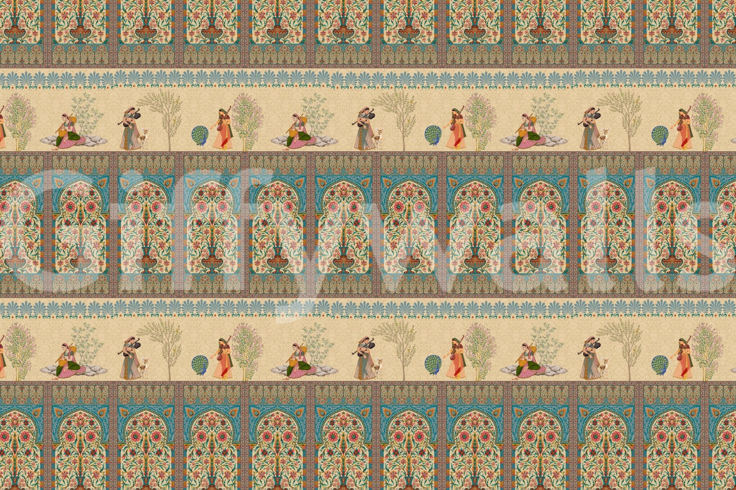 Mughal Melodies Wall Mural in lounge, ornate detailing, warm tones, focal wall