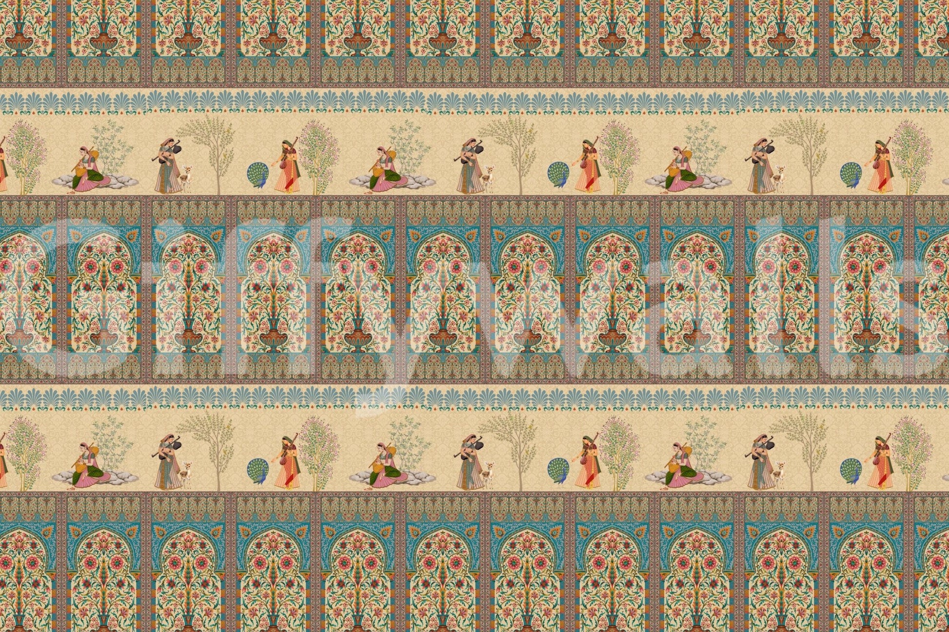 Mughal Melodies Wall Mural in lounge, ornate detailing, warm tones, focal wall