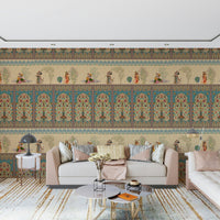 Vintage Mughal design mural in reading nook, earthy tones, cozy apartment wall decor