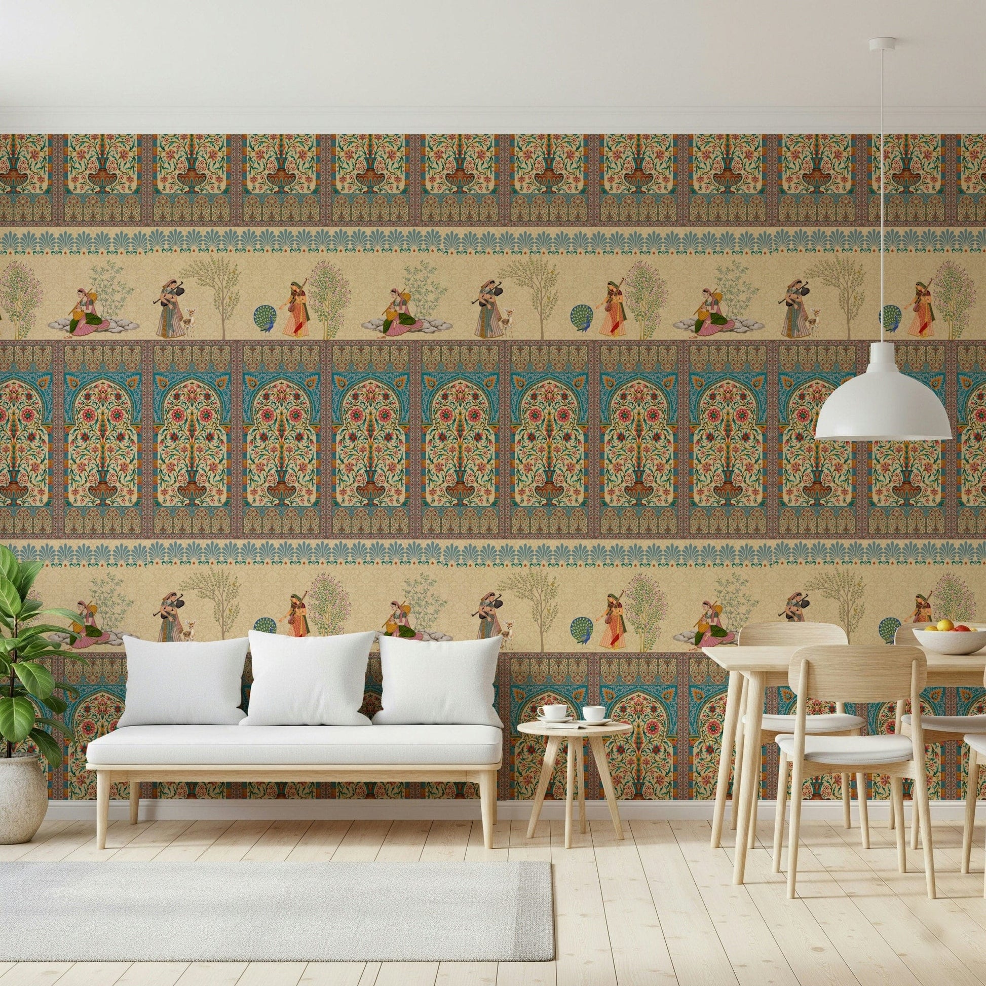 Mughal-inspired mural behind bed, gold accents, modern bedroom feature wall