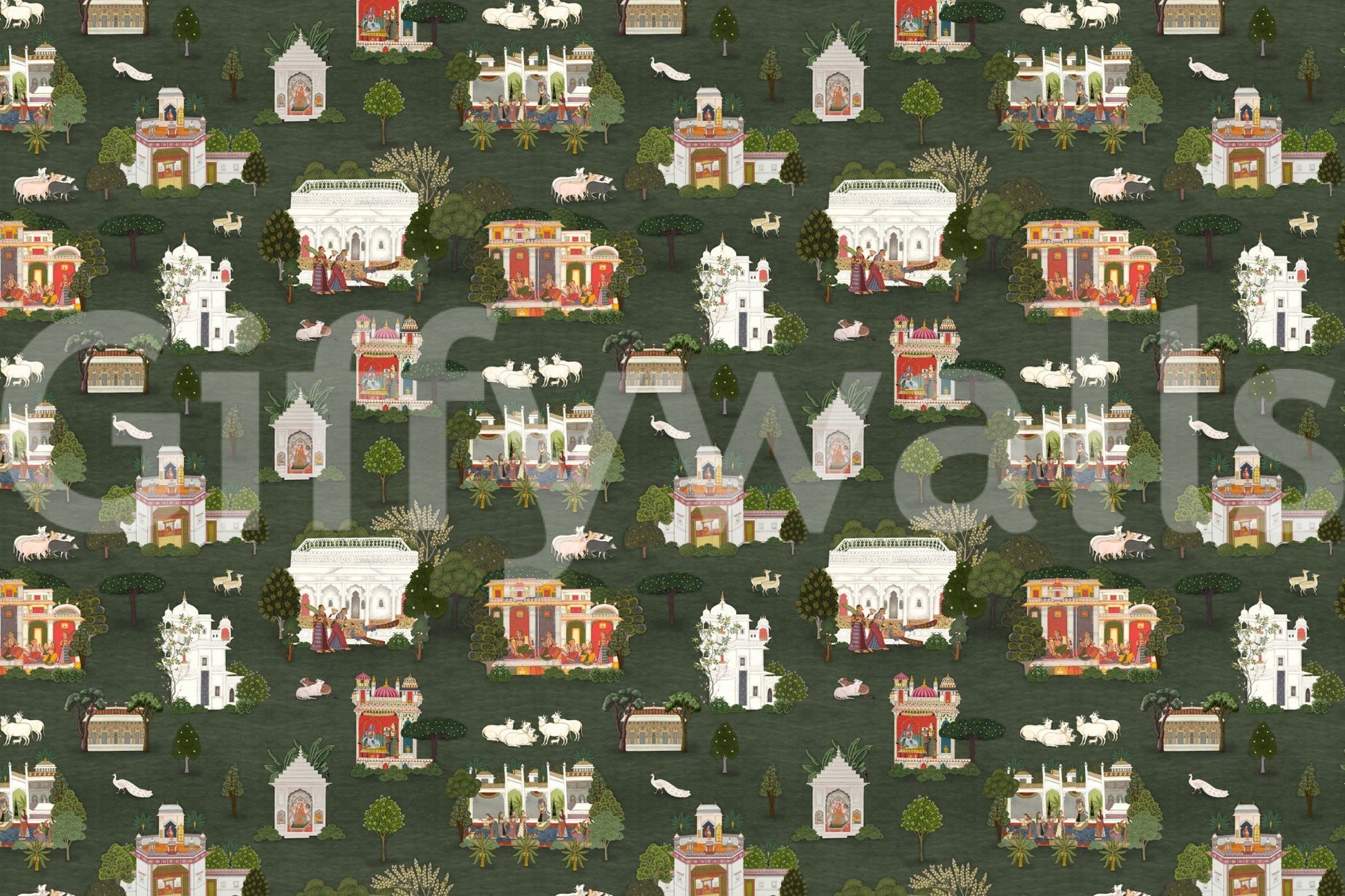 Mughal-inspired wall mural with architectural and garden pattern