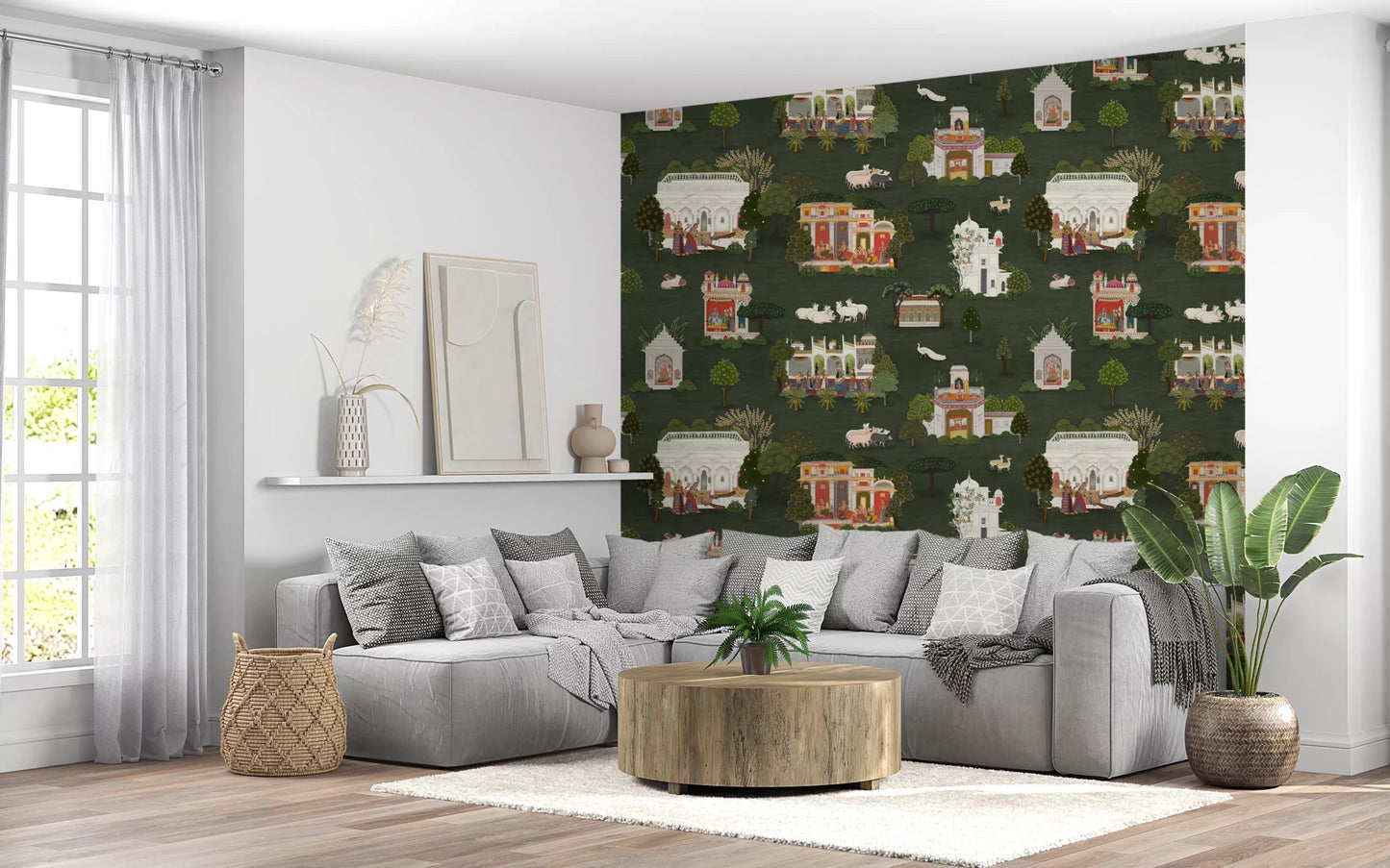 Heritage wall mural in a hallway with miniature palace illustrations