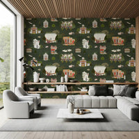 Decorative wall mural with royal palace scenes and deep green base