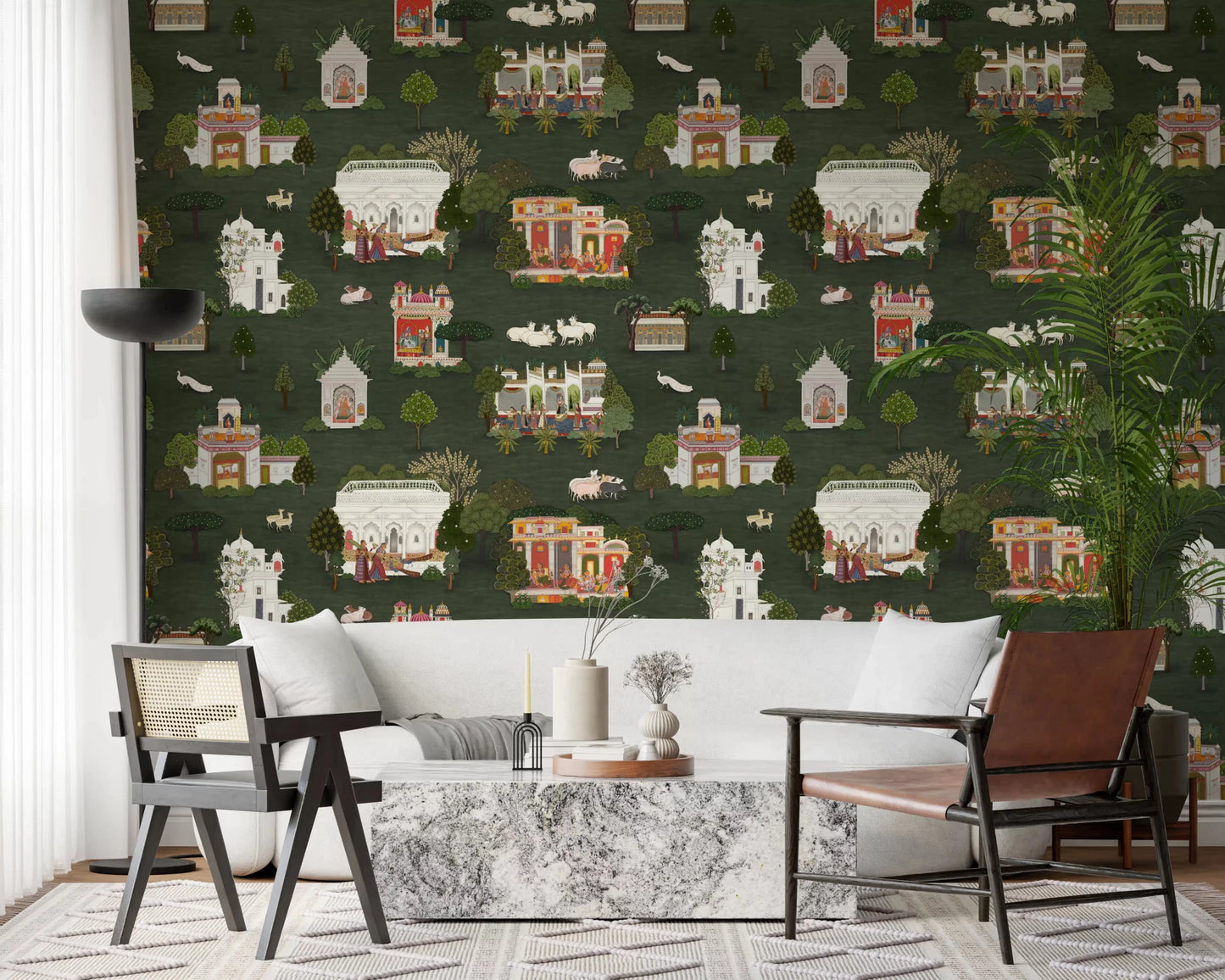 Mughal pattern mural for a hallway with repeated garden and palace motifs