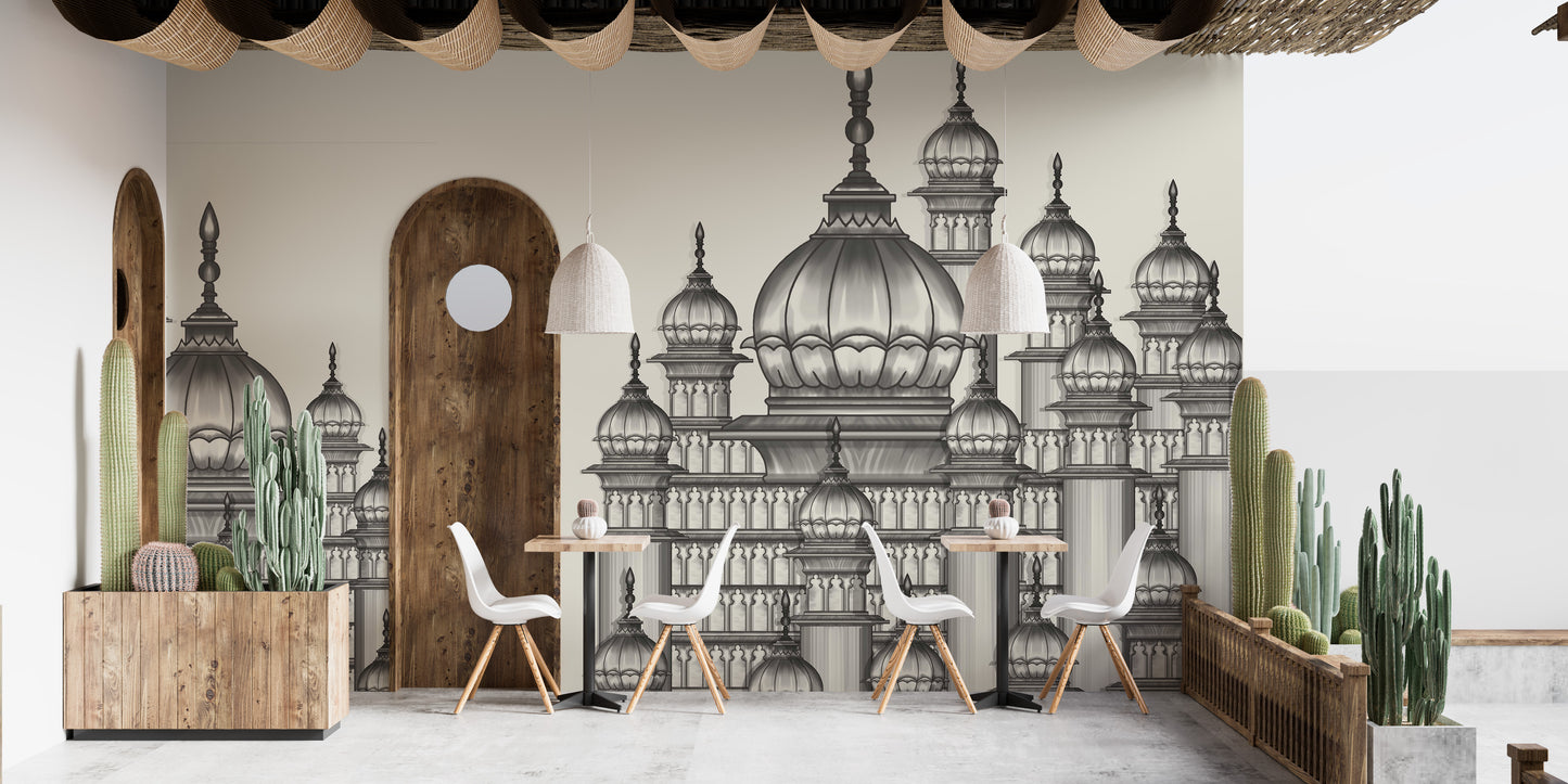 Mughal Palace wallpaper mural in grey domes behind white chairs and cactus planters in a bright cafe