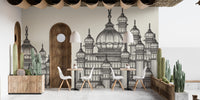 Mughal Palace wallpaper mural in grey domes behind white chairs and cactus planters in a bright cafe