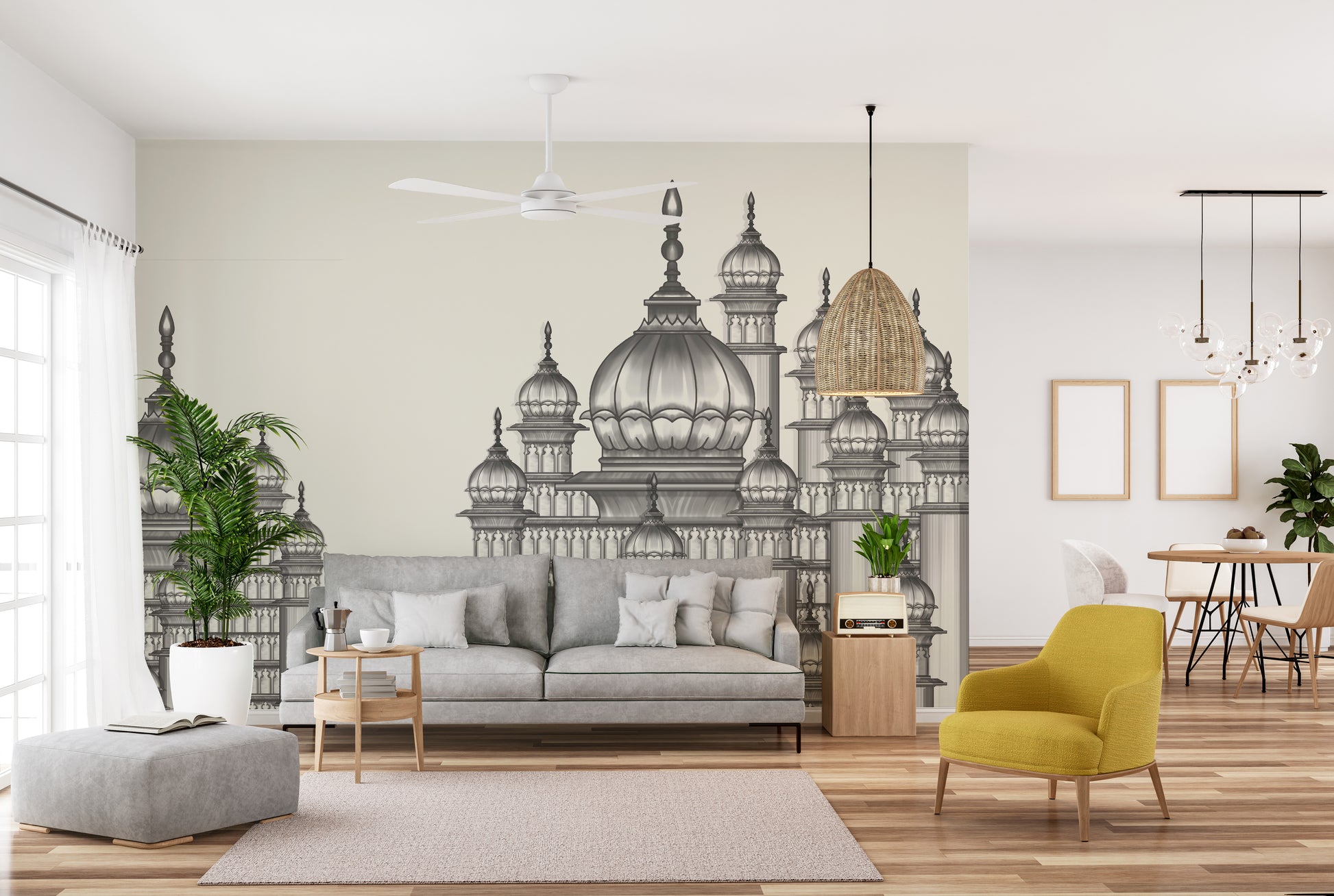Mughal Palace wallpaper mural in grey behind a light grey sofa and yellow armchair in a living room