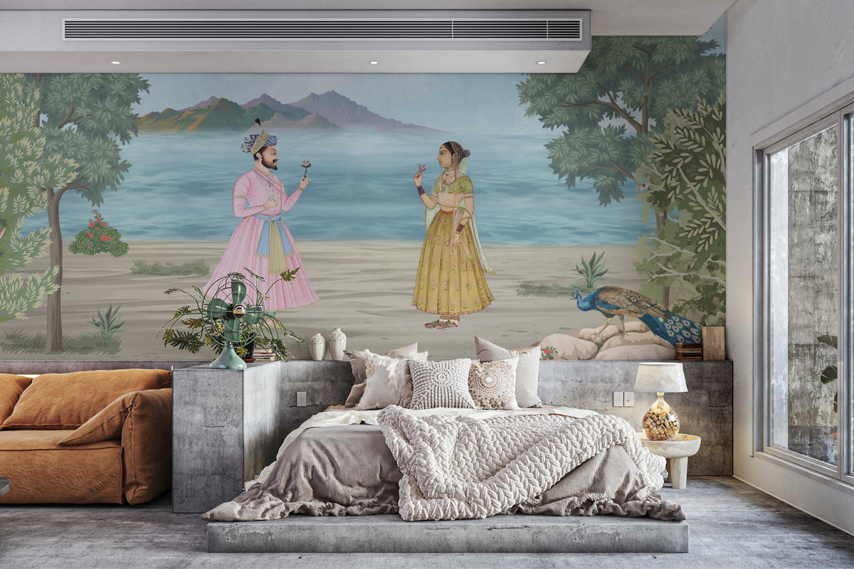 Mughal Royal Couple wallpaper mural with a prince offering a flower by a lake, above a grey platform bed in a bedroom
