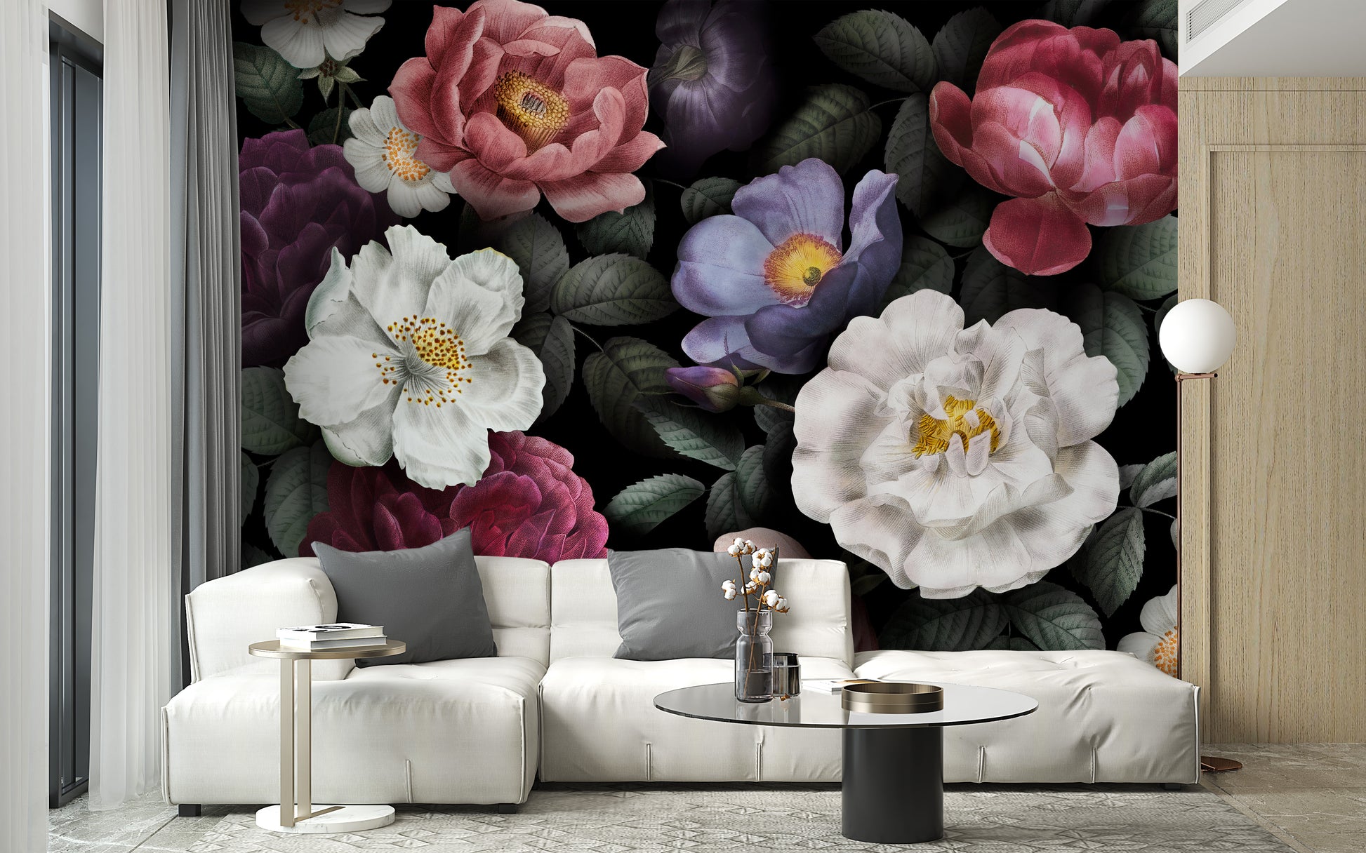 Flower Dark Background wallpaper mural styled as a feature wall in a cosy interior corner in black tones
