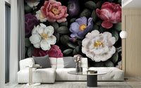 Flower Dark Background wallpaper mural styled as a feature wall in a cosy interior corner in black tones