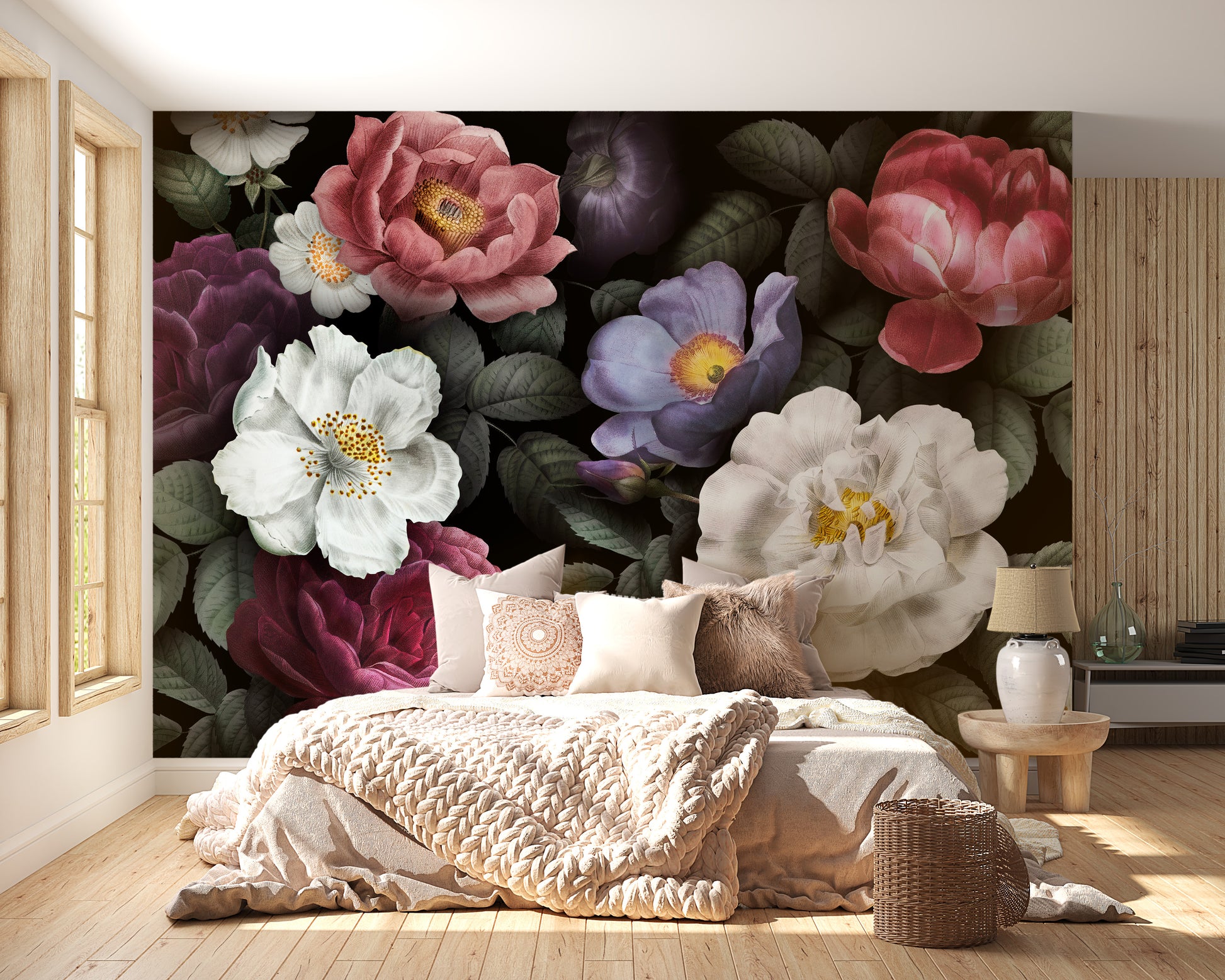 Flower Dark Background wallpaper mural styled along a hallway feature wall near a console in black tones
