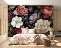 Flower Dark Background wallpaper mural styled along a hallway feature wall near a console in black tones
