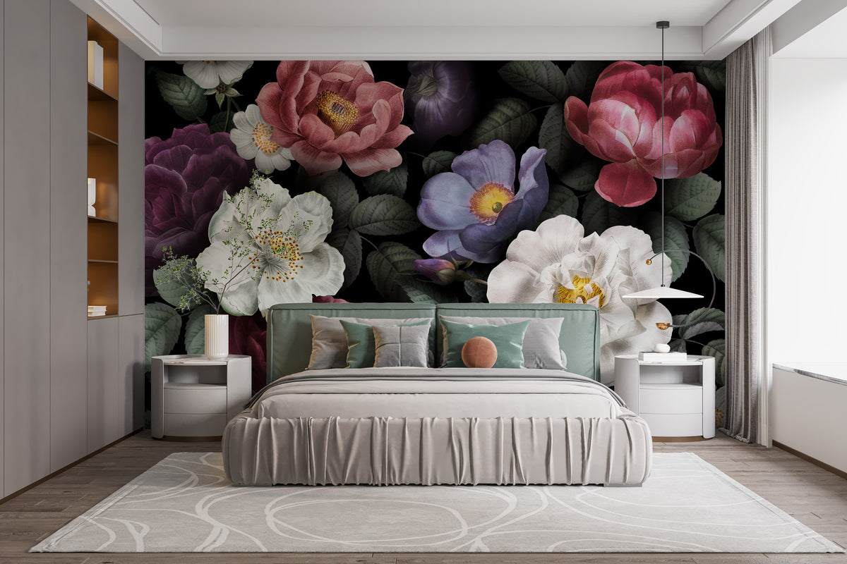 Flower Dark Background wallpaper mural as a feature wall in a home office workspace in black tones