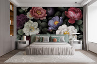 Flower Dark Background wallpaper mural as a feature wall in a home office workspace in black tones