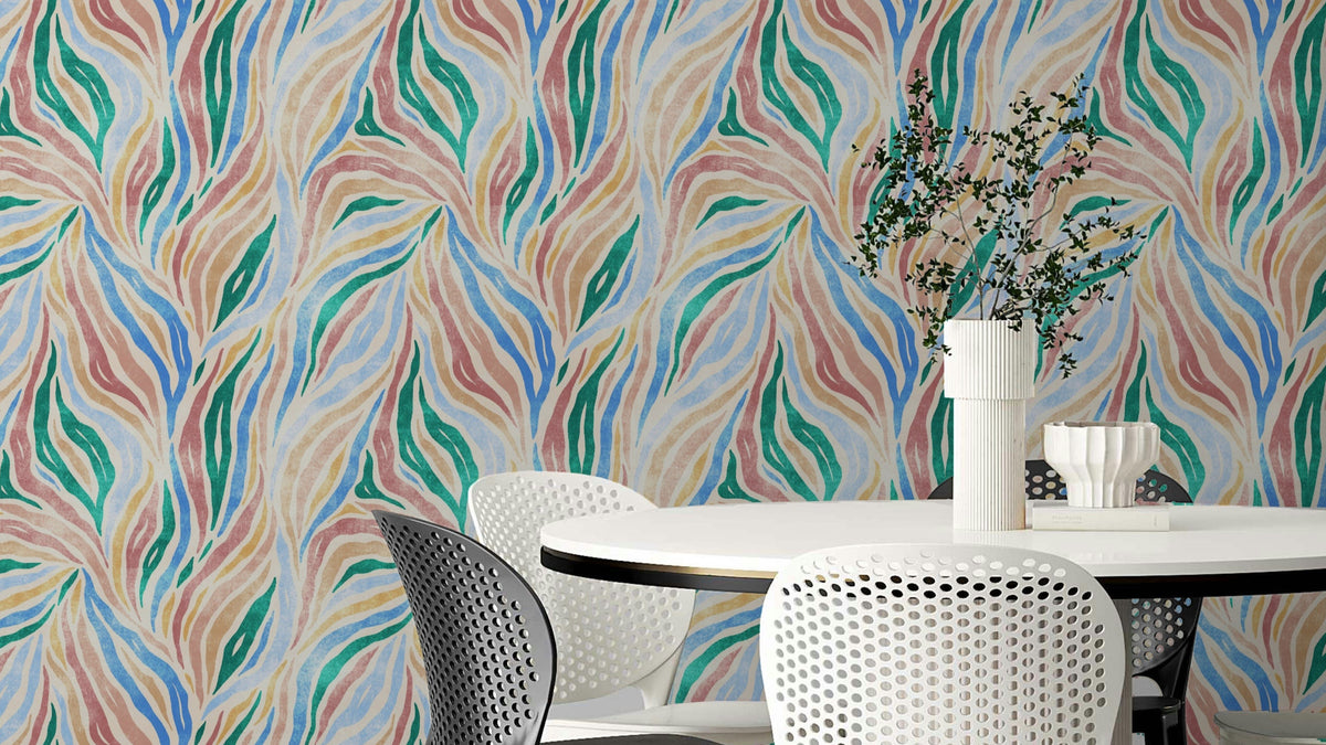 Multicolor Textured Boho Zebra Print wallpaper in a dining room with a round white table and perforated chairs