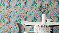 Multicolor Textured Boho Zebra Print wallpaper in a dining room with a round white table and perforated chairs