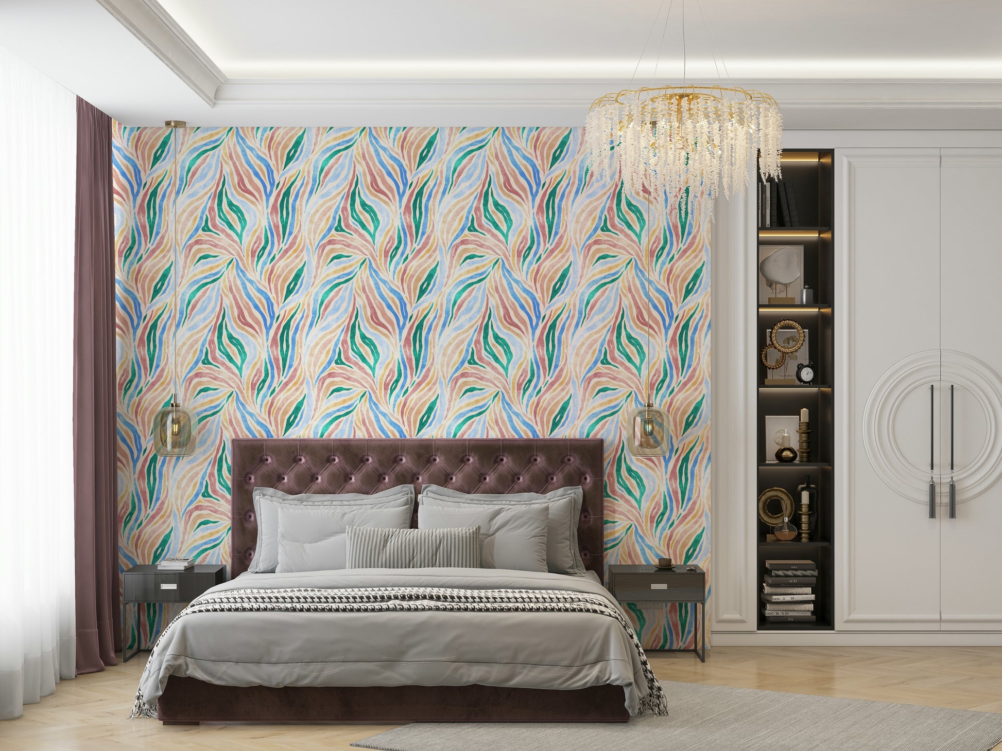 Multicolor Textured Boho Zebra Print wallpaper in a bedroom with a mauve tufted headboard and gold chandelier