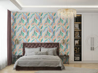 Multicolor Textured Boho Zebra Print wallpaper in a bedroom with a mauve tufted headboard and gold chandelier