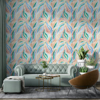 Multicolor Textured Boho Zebra Print wallpaper in a living room with a sage green sofa, brown chair and gold tables