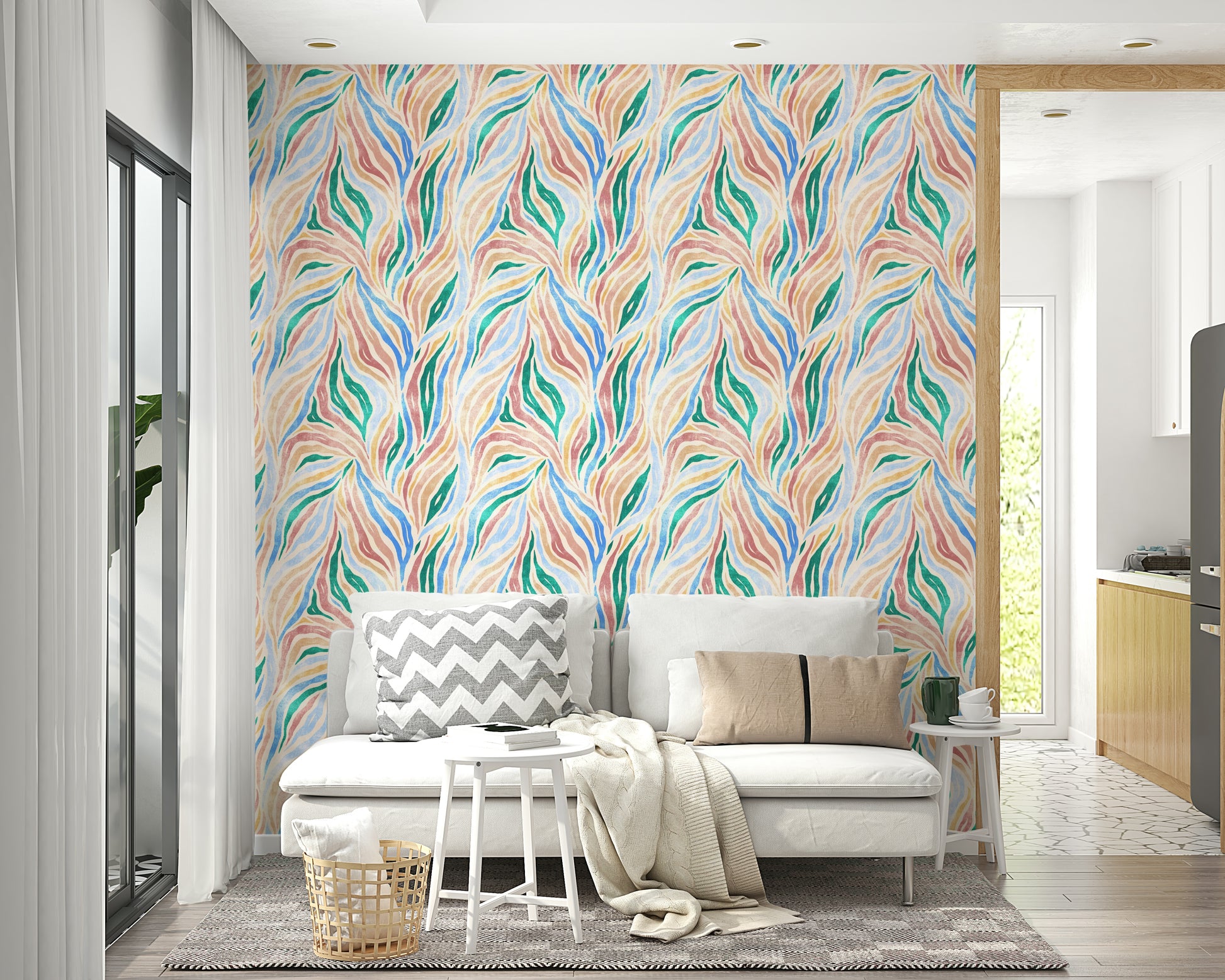 Multicolor Textured Boho Zebra Print wallpaper in a living room with a white sofa, chevron cushion and basket
