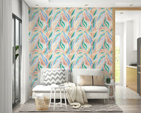 Multicolor Textured Boho Zebra Print wallpaper in a living room with a white sofa, chevron cushion and basket