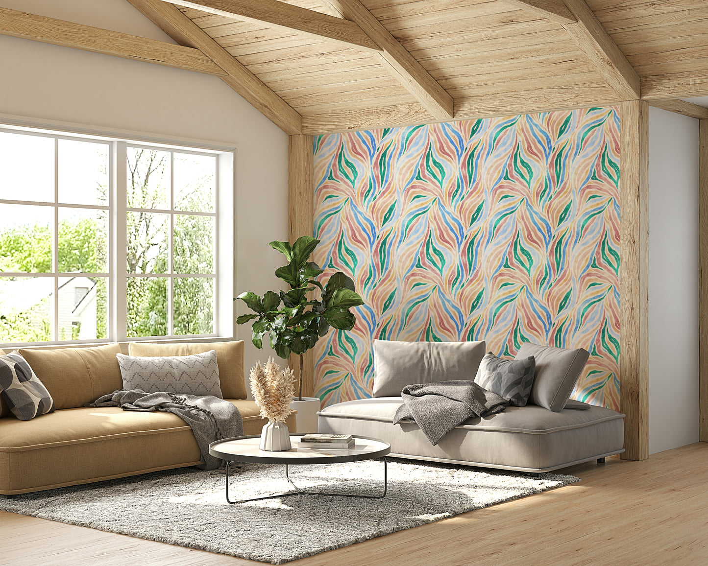 Multicolor Textured Boho Zebra Print wallpaper in a living room with wood-beam ceiling, tan and grey sofas