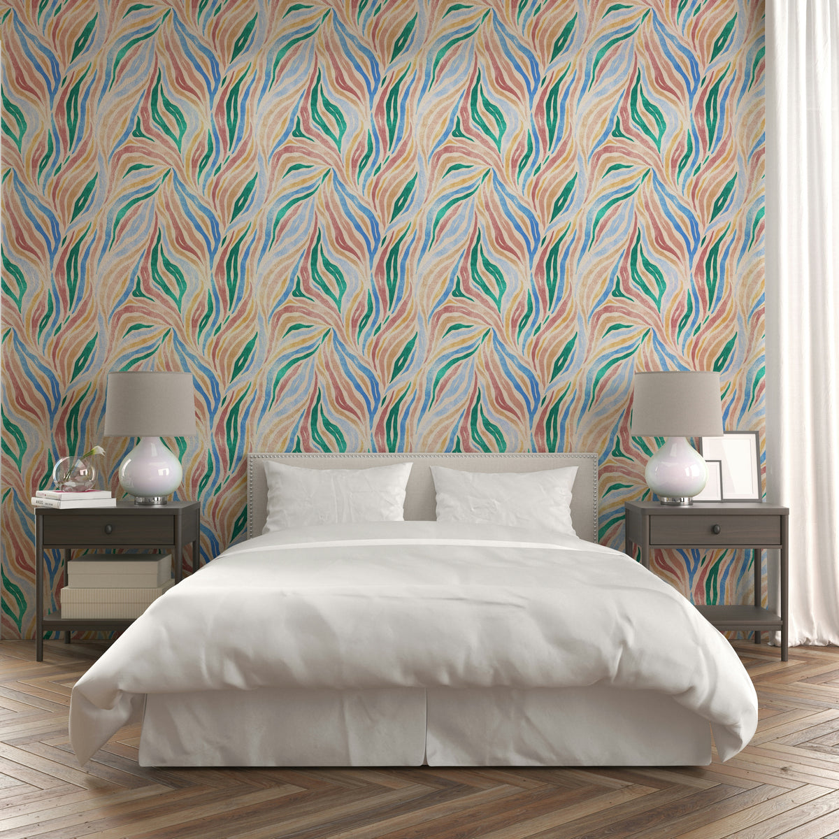 Multicolor Textured Boho Zebra Print wallpaper in a bedroom with a white bed and grey nightstands with lilac lamps