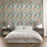 Multicolor Textured Boho Zebra Print wallpaper in a bedroom with a white bed and grey nightstands with lilac lamps